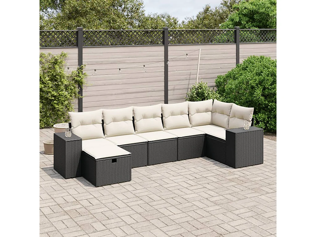 7-tlg. Garten-Sofagarnitur mit Kissen Schwarz Poly Rattan