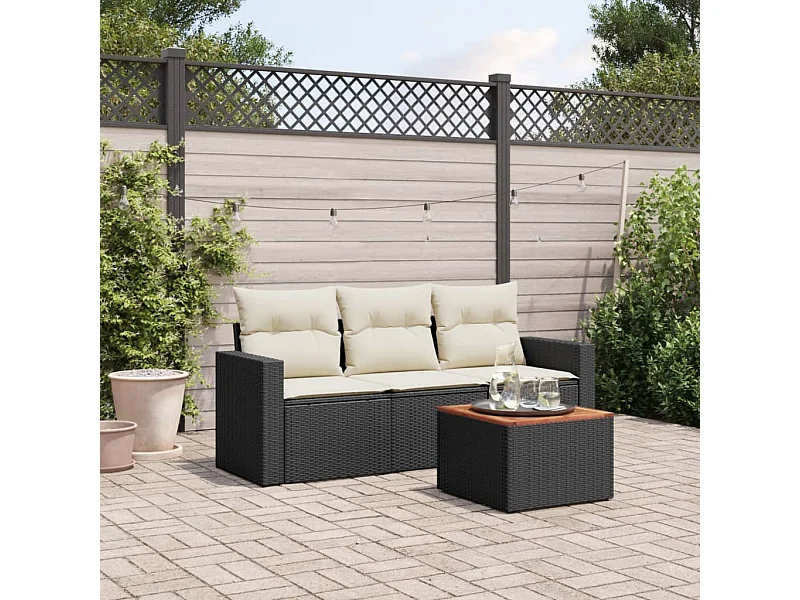 4-delige Loungeset met kussens poly rattan zwart