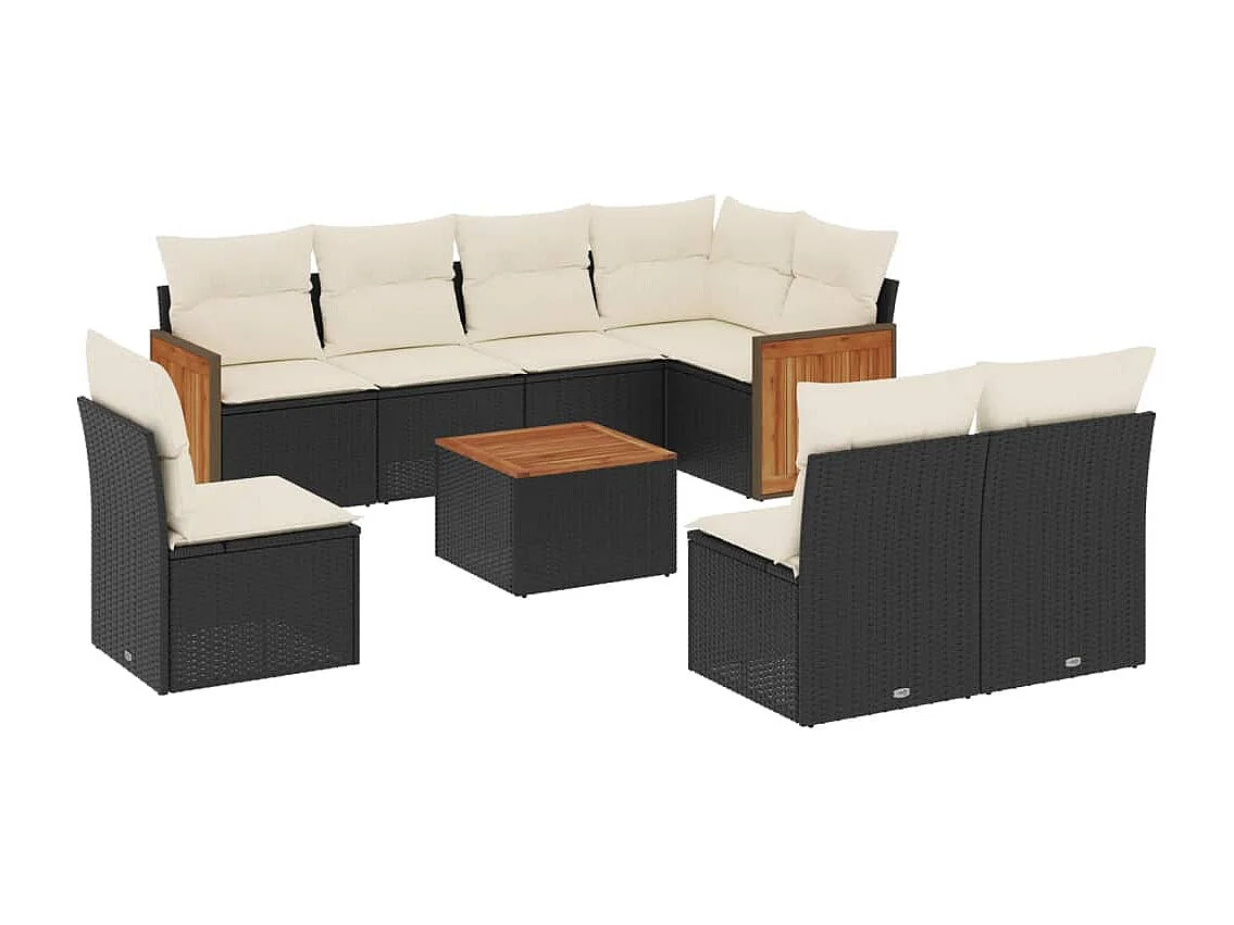 Salon de jardin 9 pcs avec coussins noir résine tressée