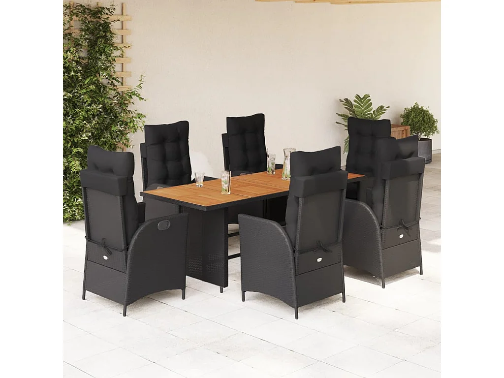 Ensemble à manger de jardin coussins 7pcs Noir Résine tressée