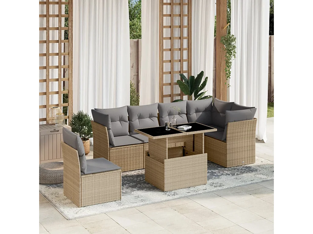Salon de jardin avec coussins 7 pcs beige résine tressée