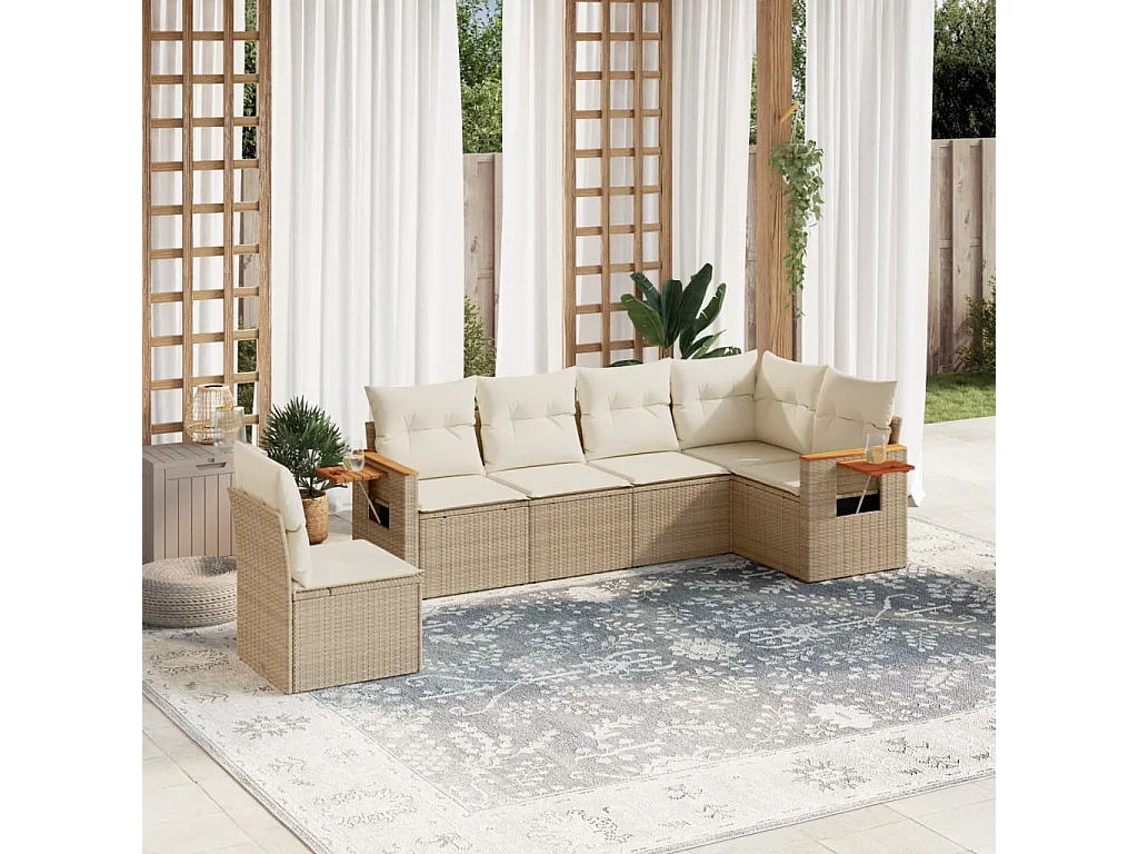 6-tlg. Garten-Sofagarnitur mit Kissen Beige Poly Rattan