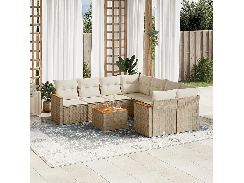 Set Divano da Giardino 9 pz con Cuscini Beige in Polyrattan