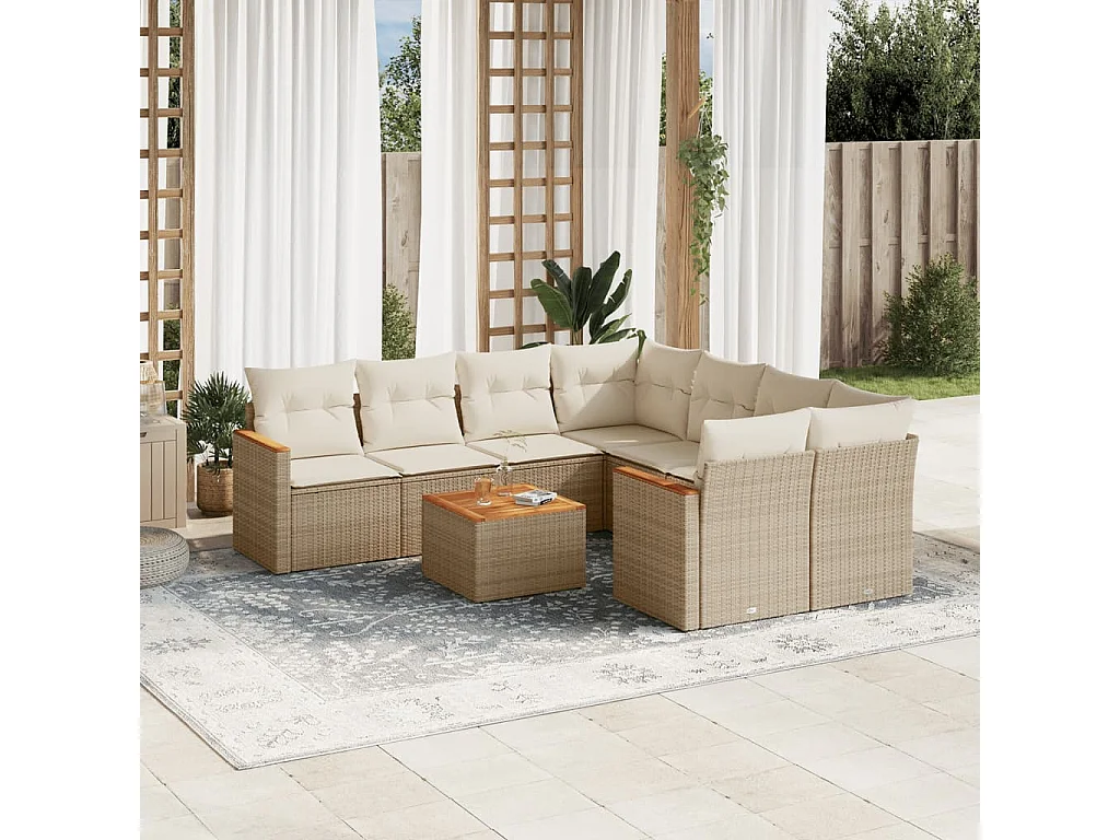Set Divano da Giardino 9 pz con Cuscini Beige in Polyrattan