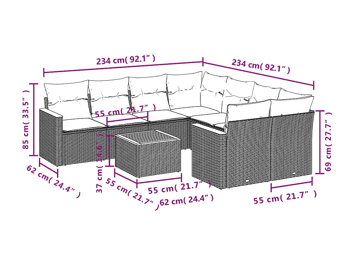 Set Divano da Giardino 9 pz con Cuscini Beige in Polyrattan