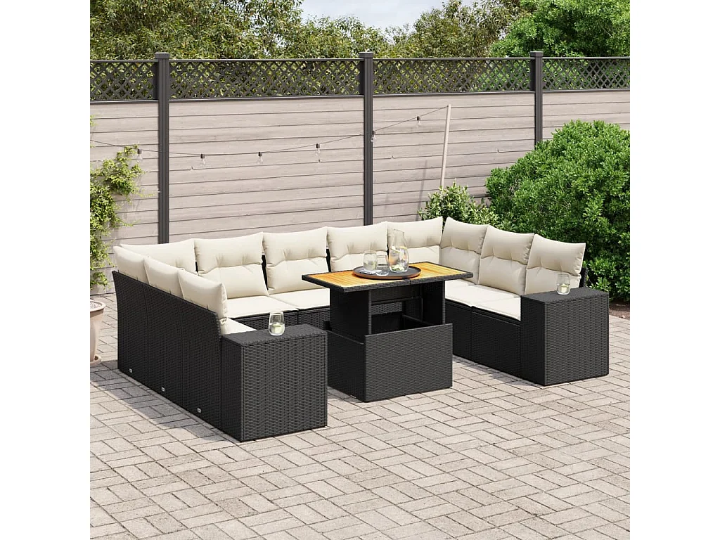 10-tlg. Garten-Sofagarnitur mit Kissen Schwarz Poly Rattan