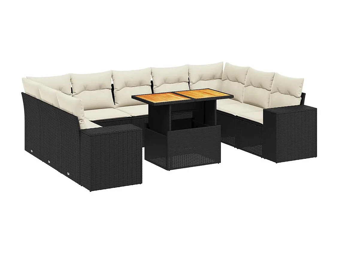 10-tlg. Garten-Sofagarnitur mit Kissen Schwarz Poly Rattan