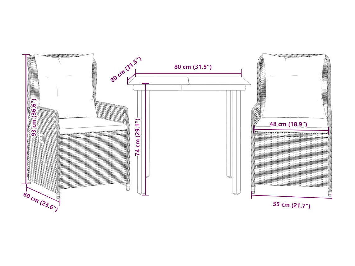 Ensemble à manger de jardin et coussins 3 pcs Beige poly rotin