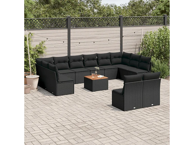Set Divani da Giardino 13pz con Cuscini Nero in Polyrattan