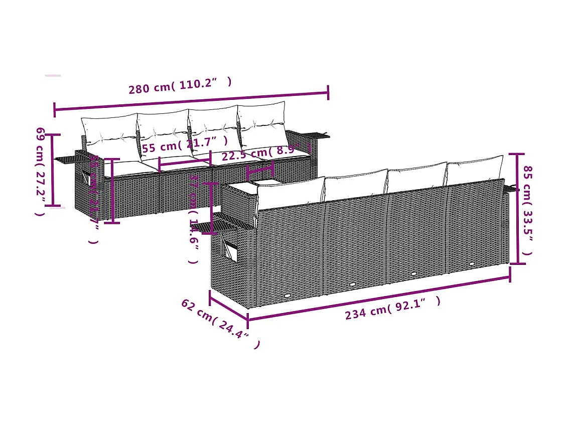 Set Divani da Giardino 9 pz con Cuscini Nero in Polyrattan