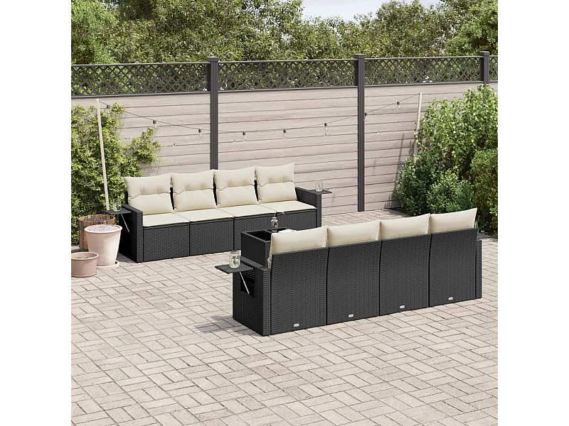 9-delige Loungeset met kussens poly rattan zwart