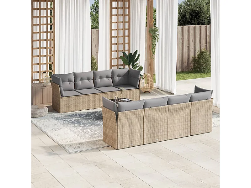 Salon de jardin avec coussins 9 pcs beige résine tressée