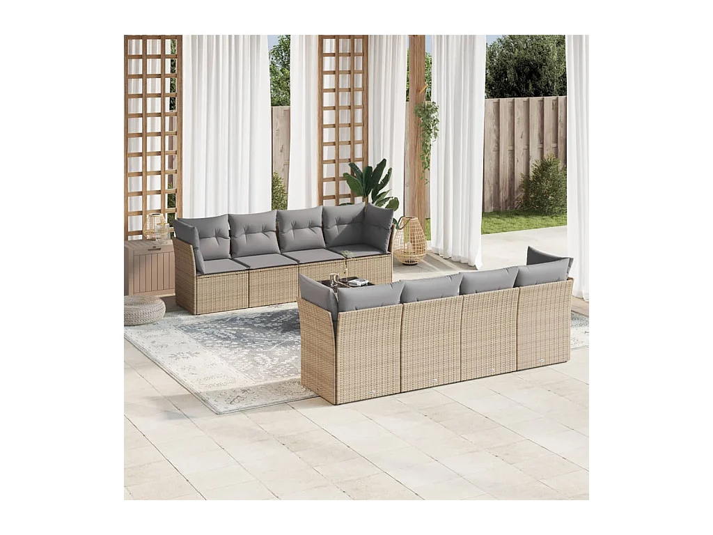 Salon de jardin avec coussins 9 pcs beige résine tressée