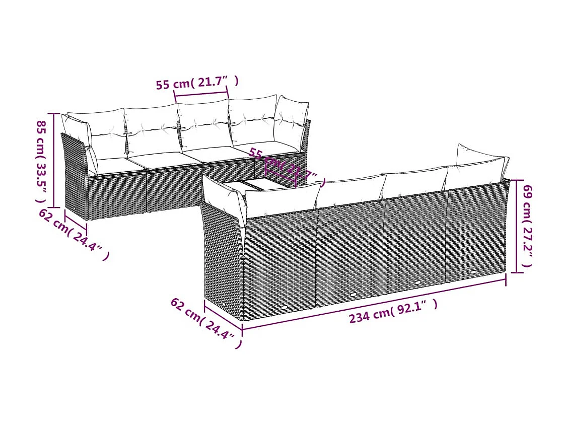 9-tlg. Garten-Sofagarnitur mit Kissen Beige Poly Rattan