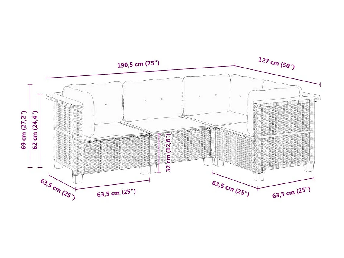 Salon de jardin 4 pcs avec coussins gris résine tressée