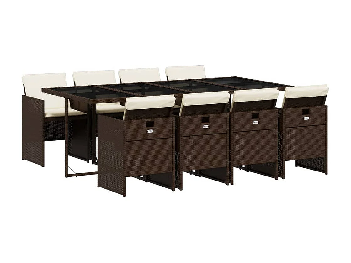 Ensemble à manger de jardin et coussins 9 pcs marron poly rotin