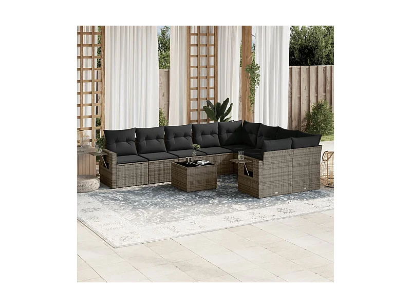 Salon de jardin avec coussins 10 pcs gris résine tressée