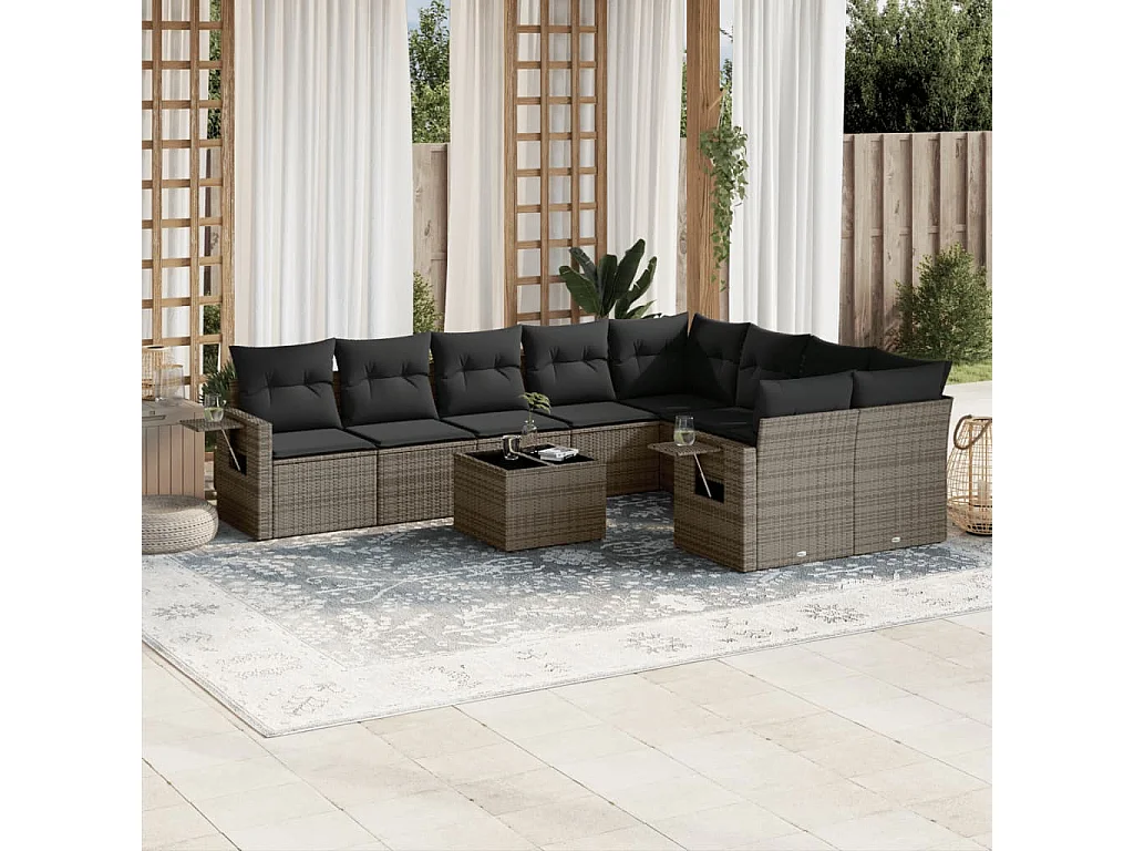 Set Divano da Giardino 10 pz con Cuscini Grigio in Polyrattan