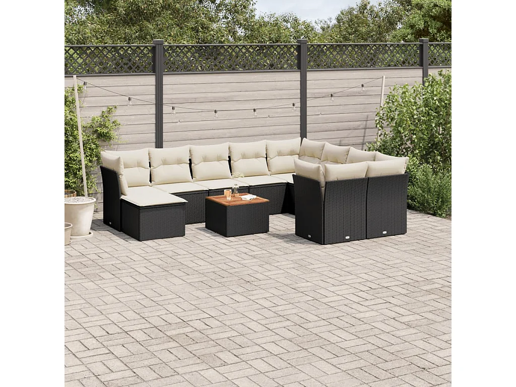 Set de sofás de jardín 11 pzas y cojines ratán sintético negro