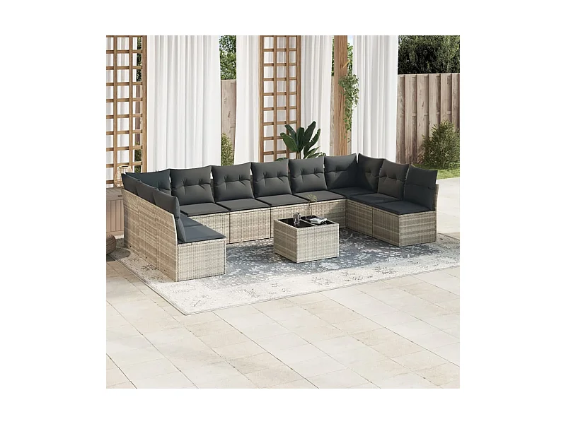 Salon de jardin 11 pcs avec coussins gris clair résine tressée