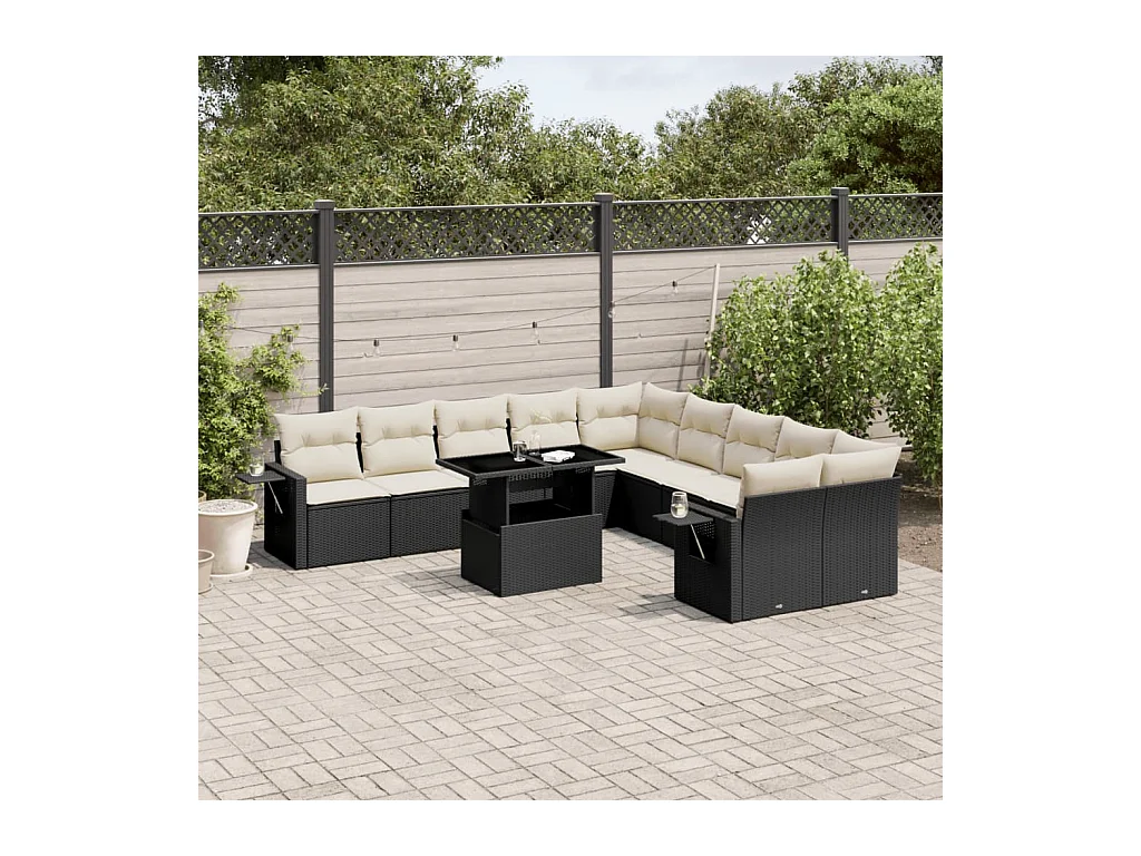 Salon de jardin 11 pcs avec coussins noir résine tressée