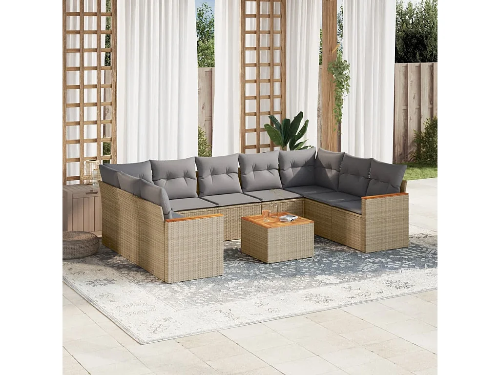Salon de jardin avec coussins 10 pcs beige résine tressée