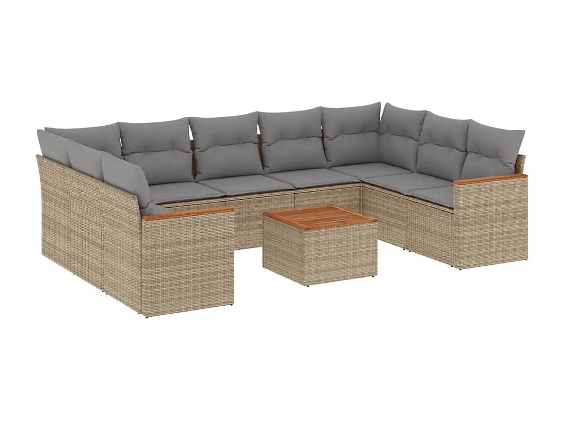Salon de jardin avec coussins 10 pcs beige résine tressée