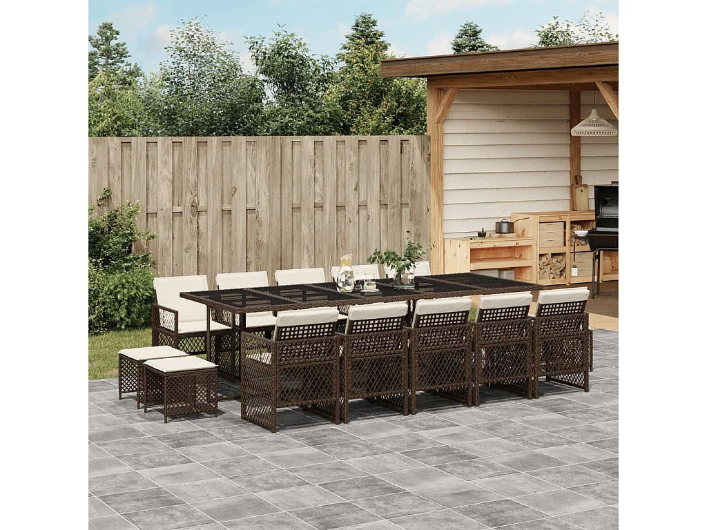 Ensemble à manger de jardin avec coussins 15 pcs marron rotin