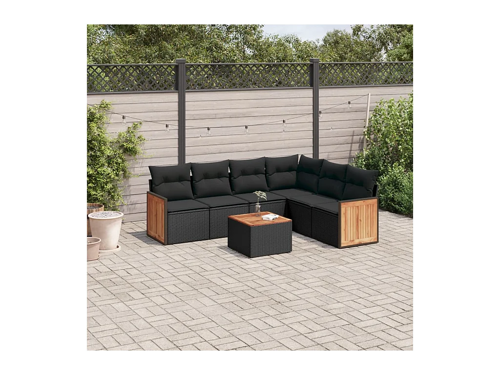 7-delige Loungeset met kussens poly rattan zwart