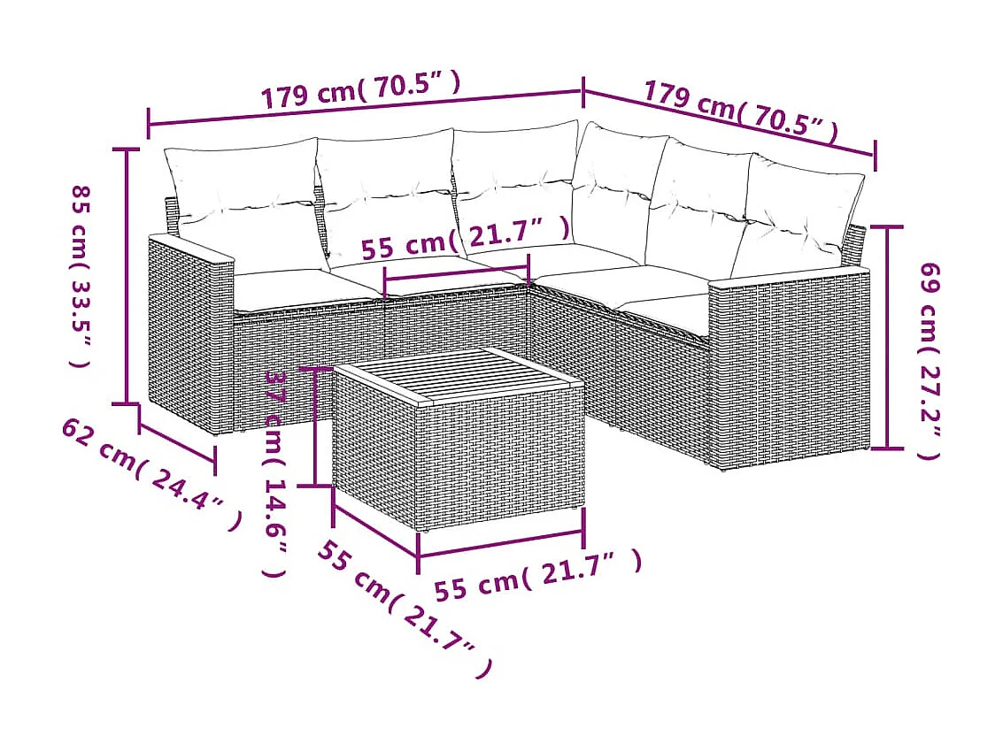 Set Divano da Giardino 6 pz con Cuscini Nero in Polyrattan