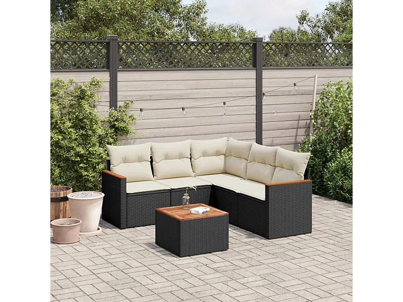 Salon de jardin 6 pcs avec coussins noir résine tressée