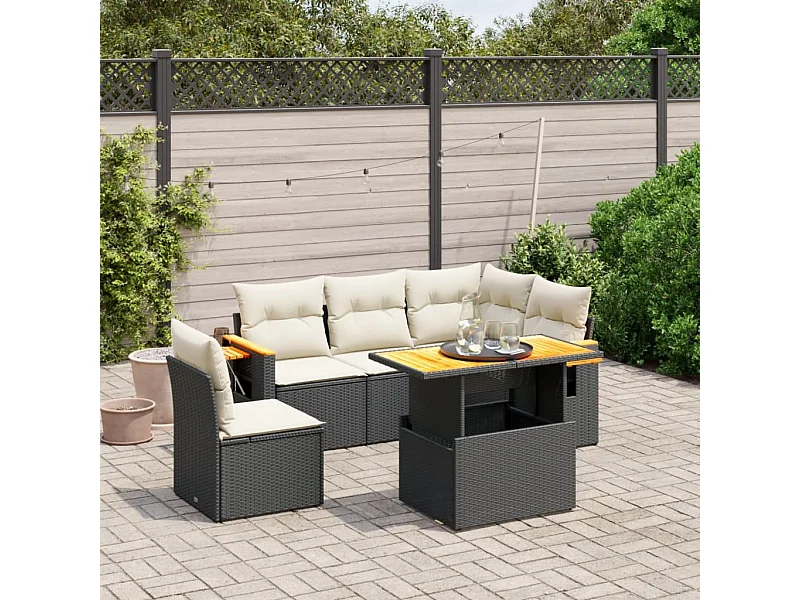 Set de sofás de jardín 6 piezas y cojines ratán sintético negro
