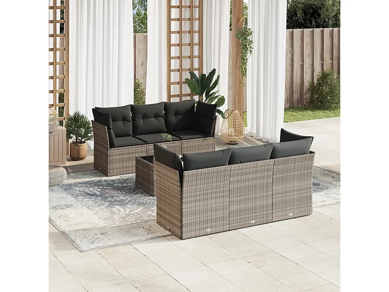 7 pcs conj. sofás jardim com almofadões vime PE cinzento-claro