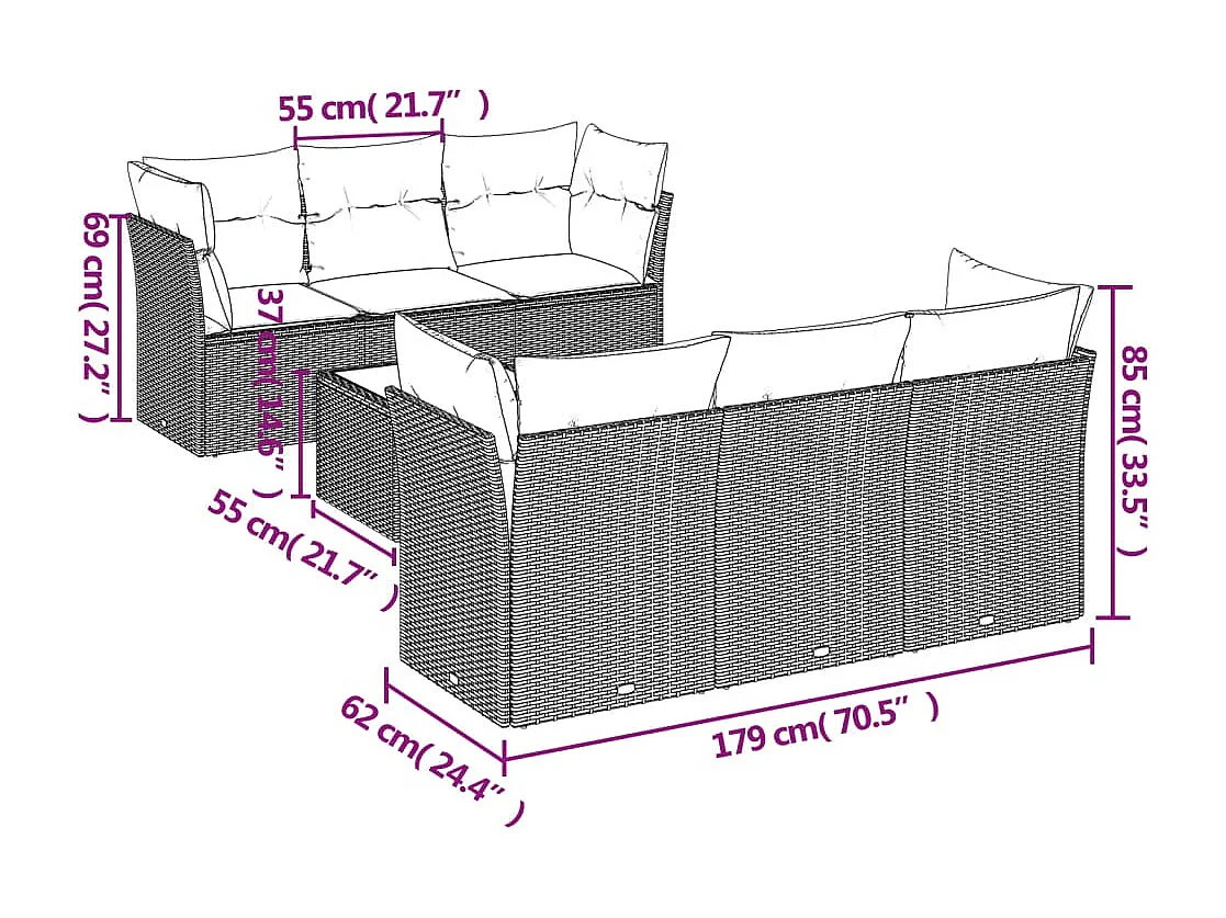 7 pcs conj. sofás jardim com almofadões vime PE cinzento-claro