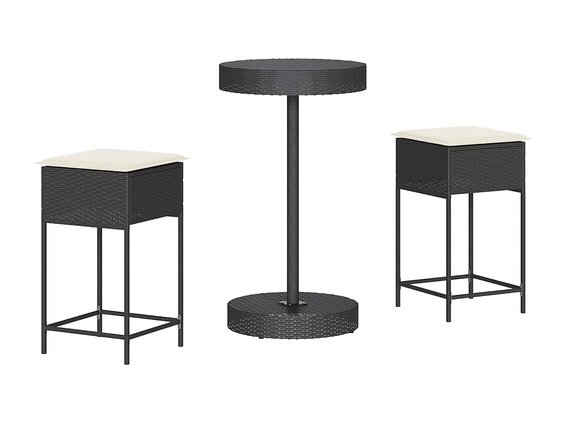 Ensemble de bar de jardin 3 pcs avec coussins noir poly rotin