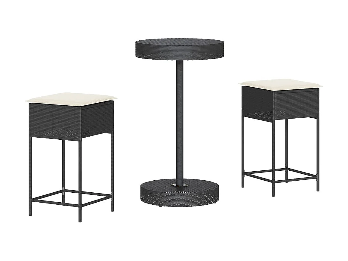 Ensemble de bar de jardin 3 pcs avec coussins noir poly rotin