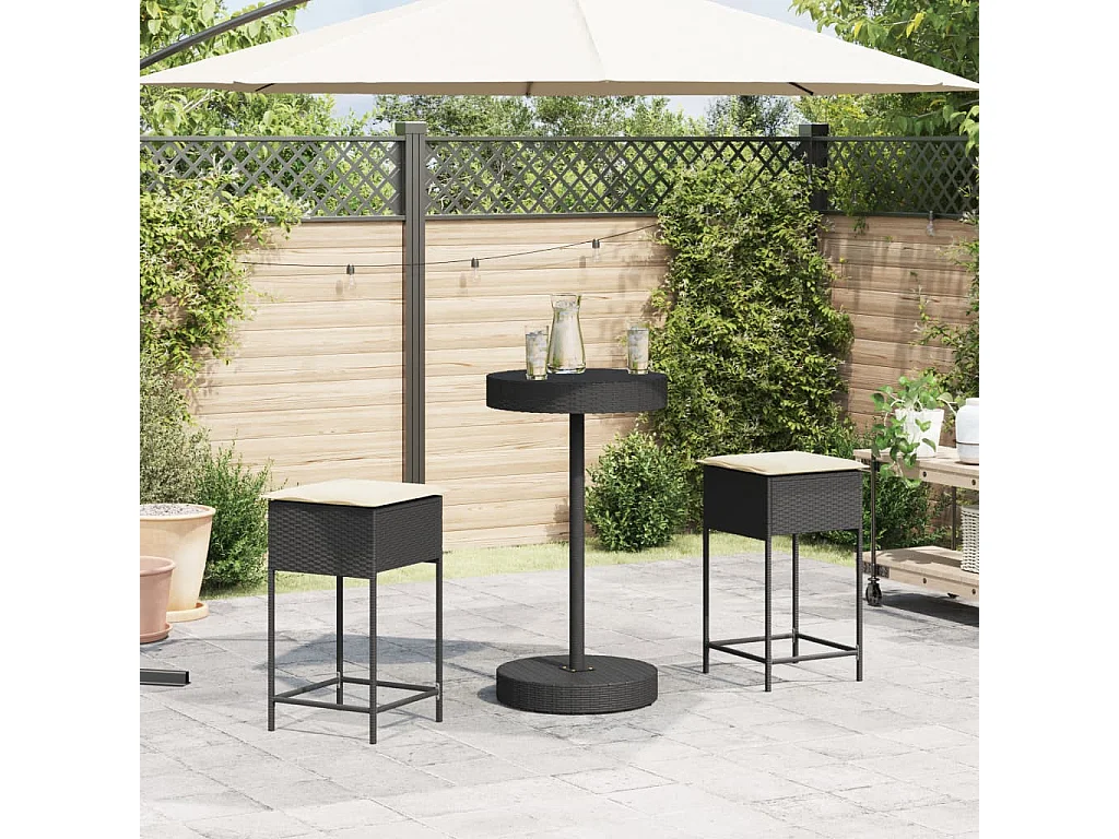 Ensemble de bar de jardin 3 pcs avec coussins noir poly rotin