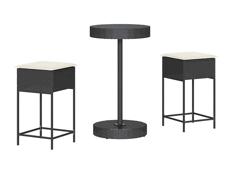 Ensemble de bar de jardin 3 pcs avec coussins noir poly rotin