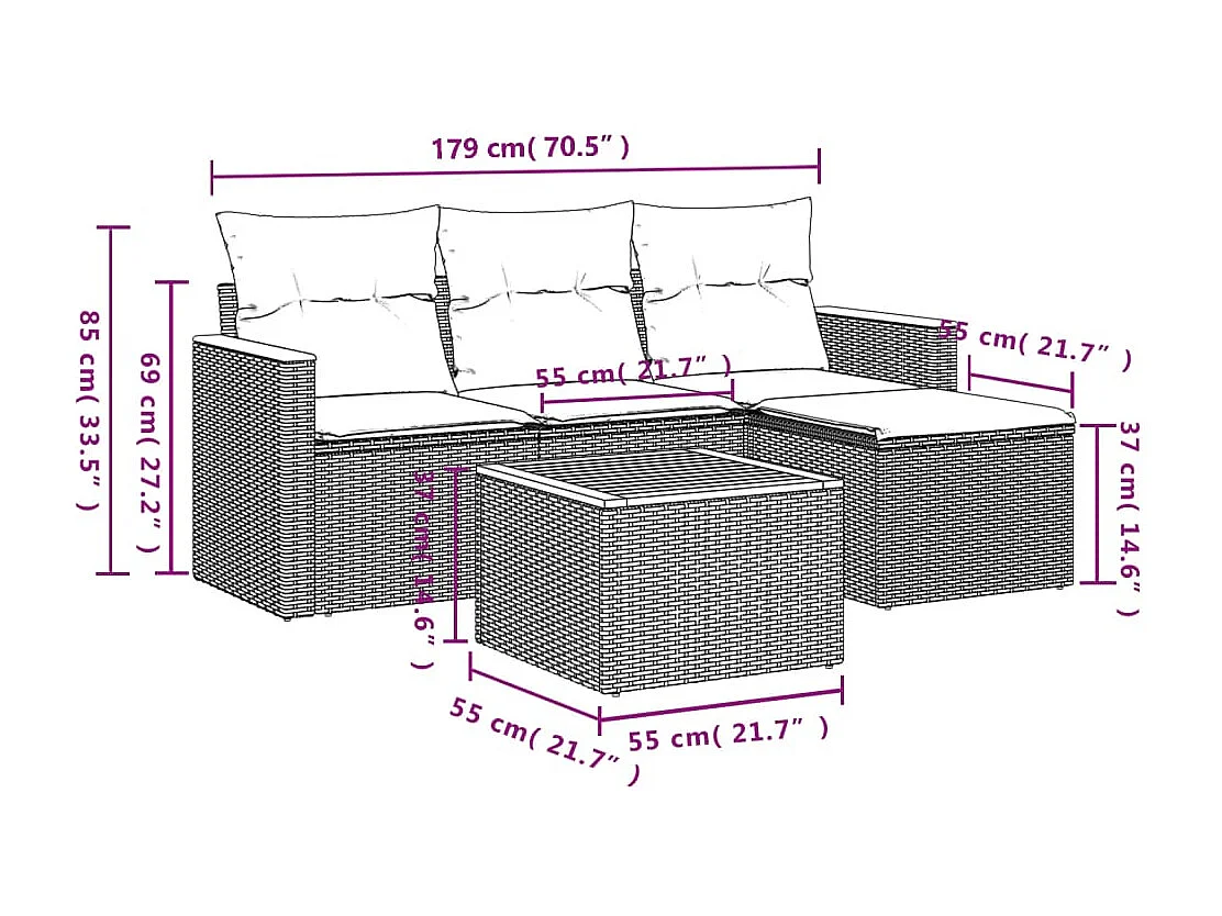5 pcs conjunto de sofás p/ jardim com almofadões vime PE bege