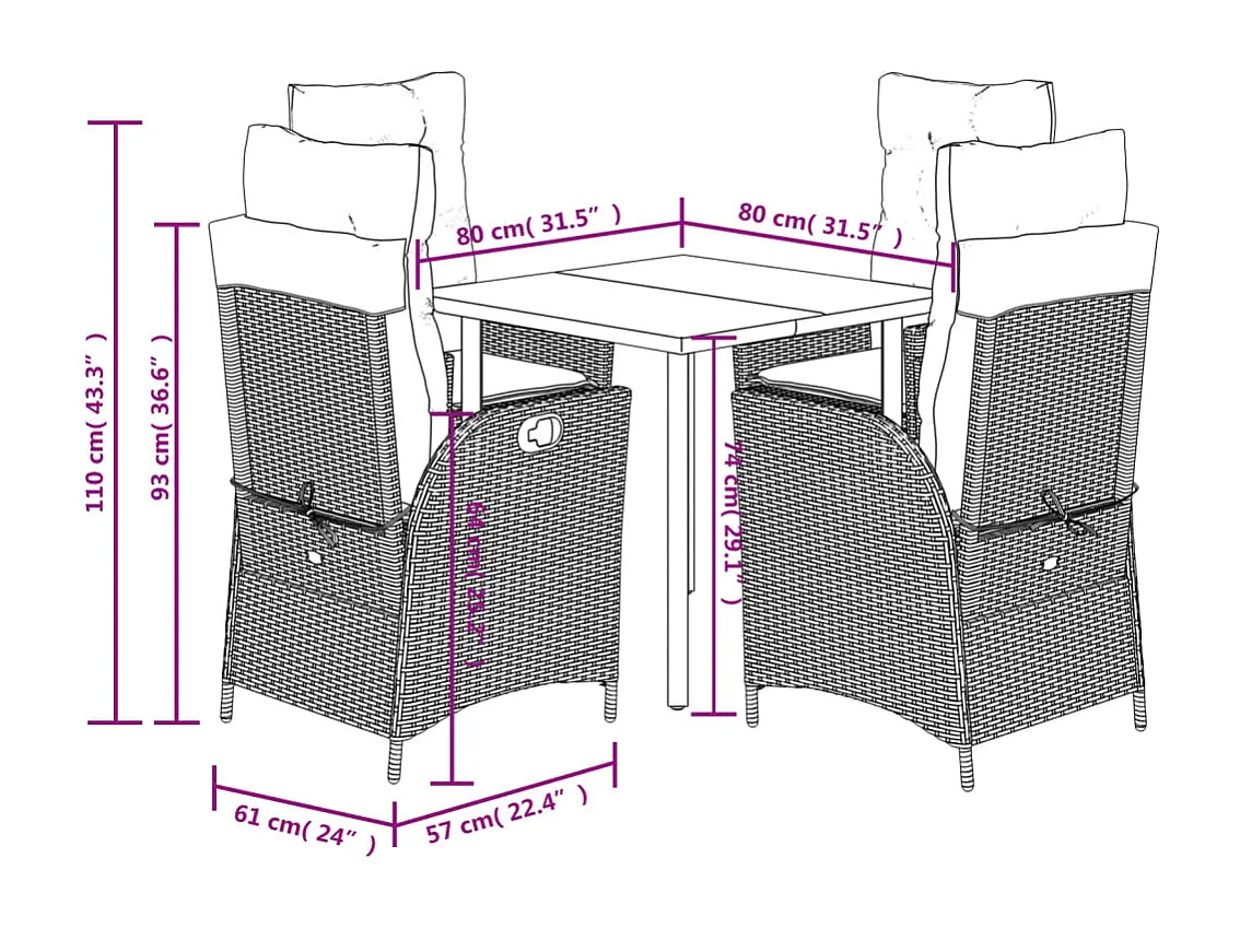 Set da Pranzo da Giardino 5pz con Cuscini in Polyrattan Marrone