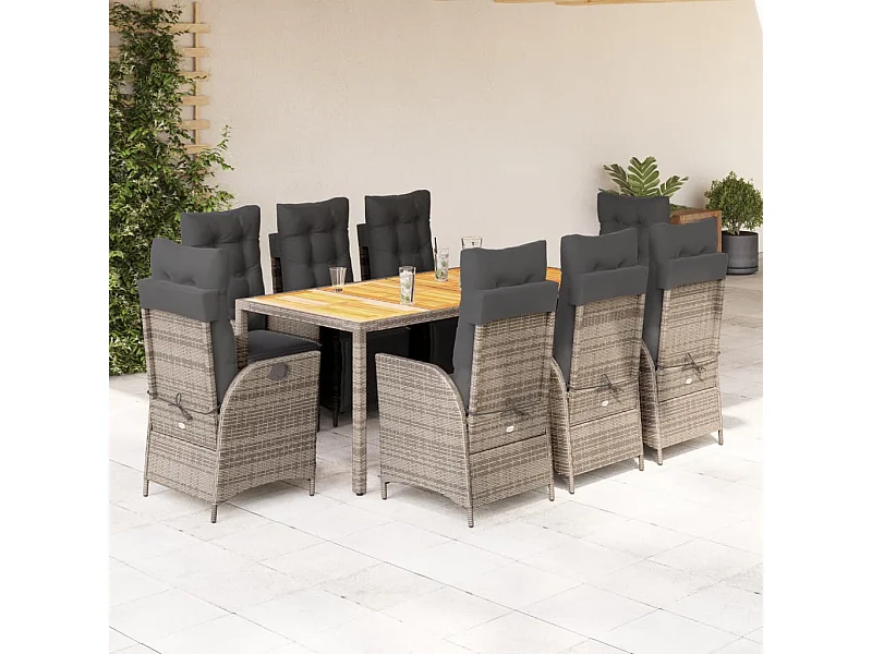 9-tlg. Garten-Essgruppe mit Kissen Grau Poly Rattan