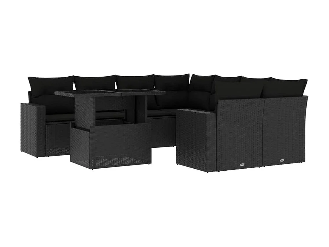 9 pcs conjunto de sofás p/ jardim c/ almofadões vime PE preto