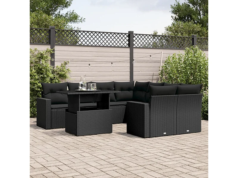 9-tlg. Garten-Sofagarnitur mit Kissen Schwarz Poly Rattan