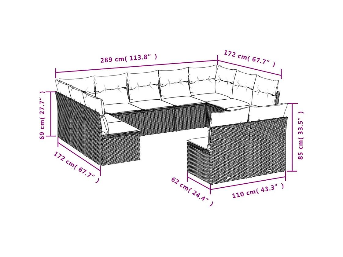 Salon de jardin et coussins 11 pcs marron résine tressée