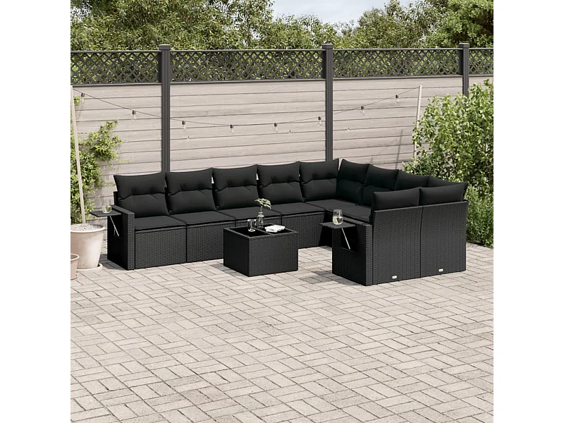 10-delige Loungeset met kussens poly rattan zwart
