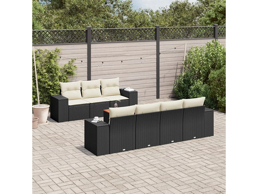 Salon de jardin 8 pcs avec coussins noir résine tressée