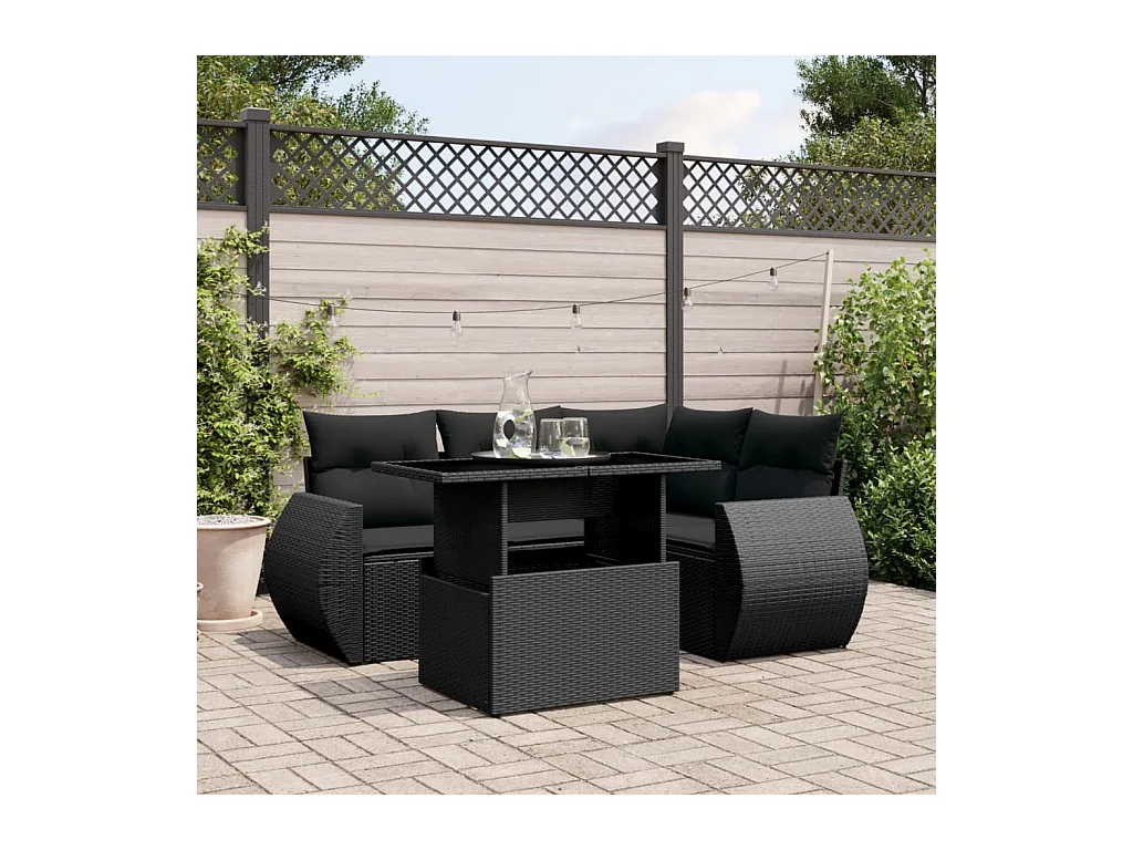 5-delige Loungeset met kussens poly rattan zwart