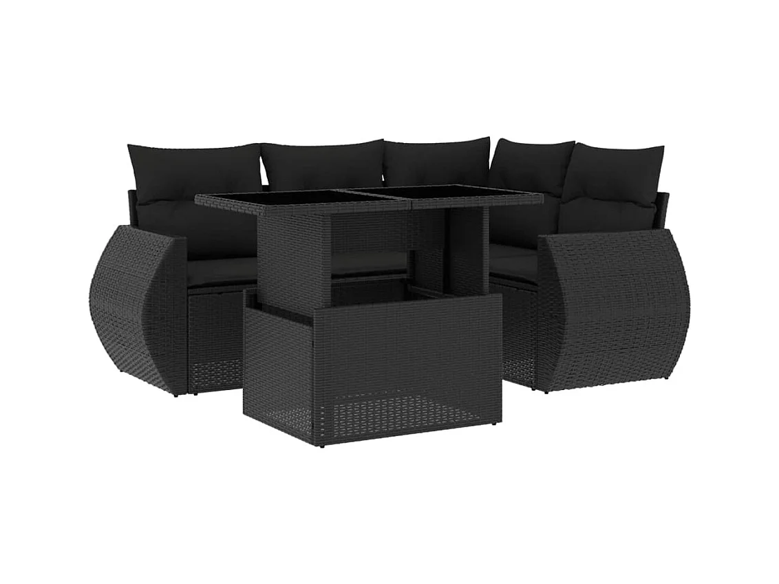 Salon de jardin 5 pcs avec coussins noir résine tressée