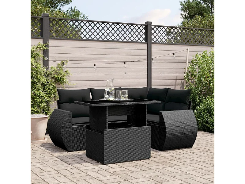 Salon de jardin 5 pcs avec coussins noir résine tressée
