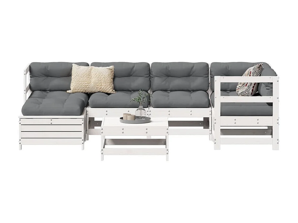 Set Divani da Giardino 7 pz Bianco in Legno Massello di Pino